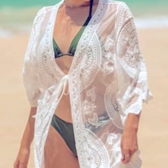 Sheer Embroidery Tie Front Mesh Kimono - Picture 9 of 12